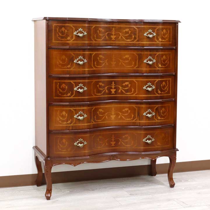 イタリア 4段 チェスト 茶 88cm 象嵌 猫脚 054/5