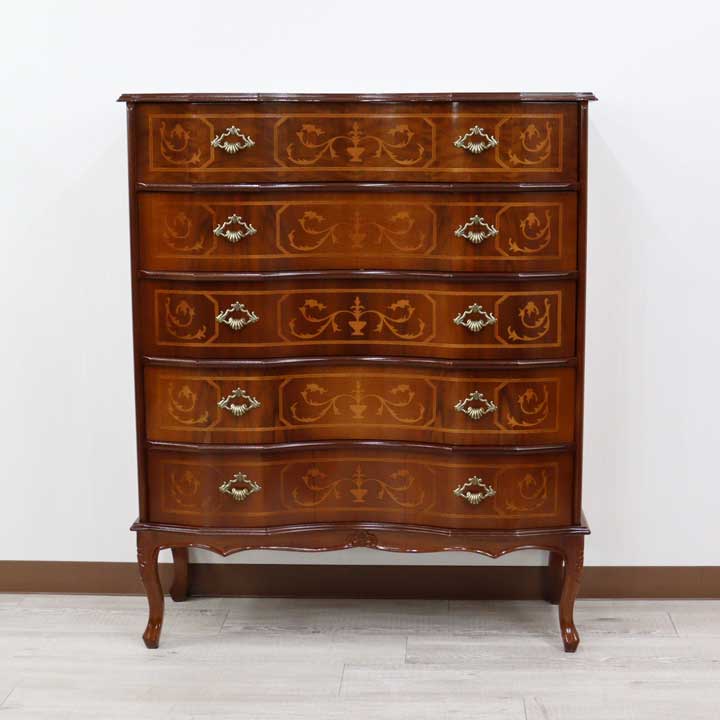 イタリア 4段 チェスト 茶 88cm 象嵌 猫脚 054/5