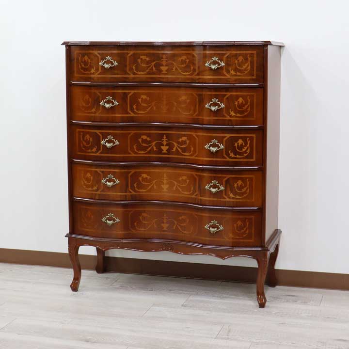 イタリア 4段 チェスト 茶 88cm 象嵌 猫脚 054/5