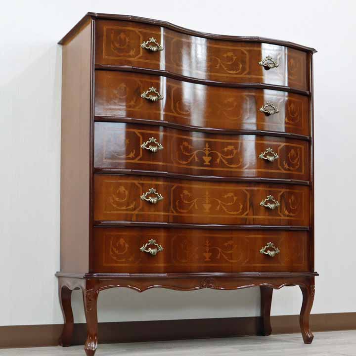 イタリア 4段 チェスト 茶 88cm 象嵌 猫脚 054/5
