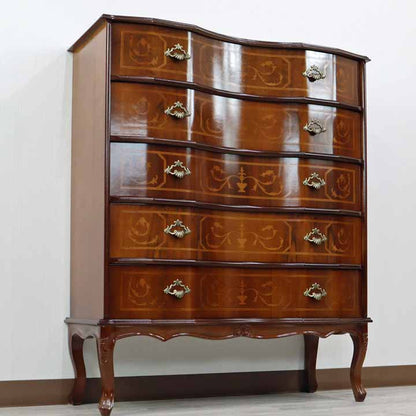 イタリア 4段 チェスト 茶 88cm 象嵌 猫脚 054/5