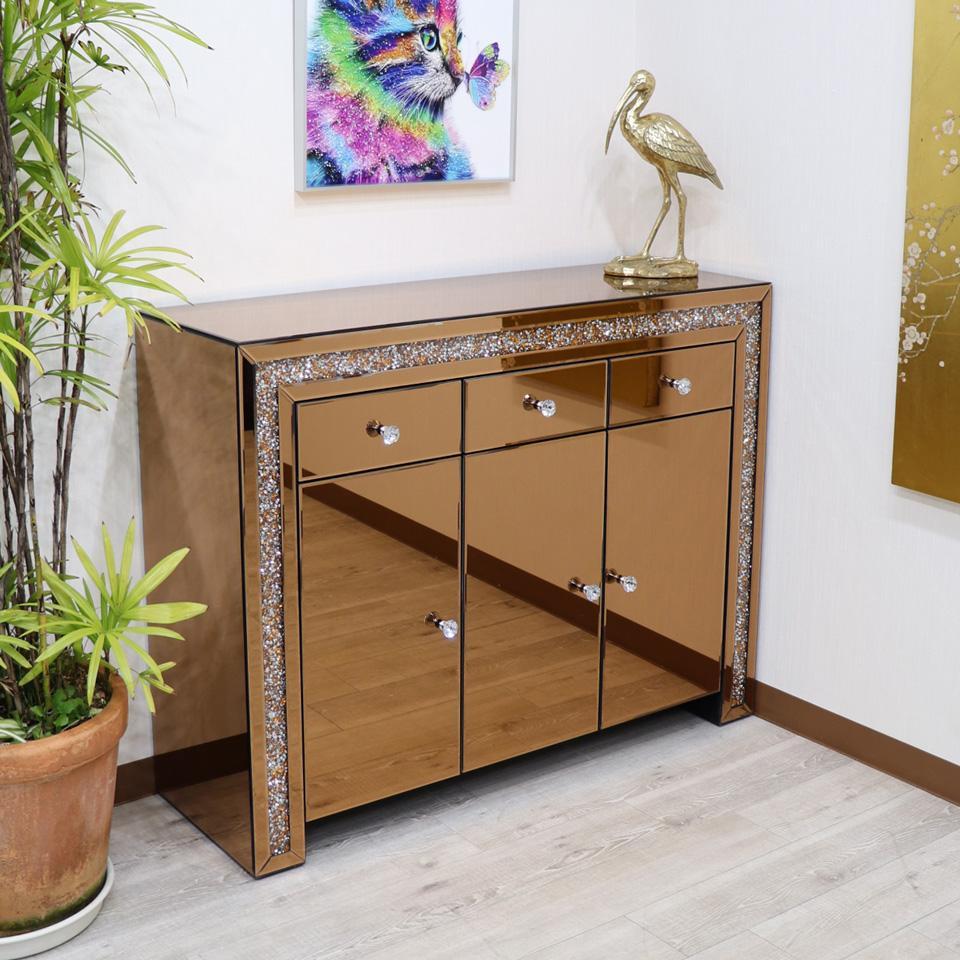 ミラー家具 ローキャビネット 120cm ディスプレイスタンド サイドボード ローズゴールド