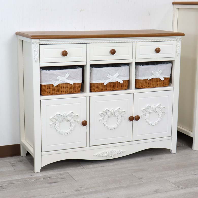 バスケットキャビネット ホワイト ラタンキャビネット カゴ付き フレンチシャビー