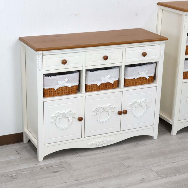 バスケットキャビネット ホワイト ラタンキャビネット カゴ付き フレンチシャビー
