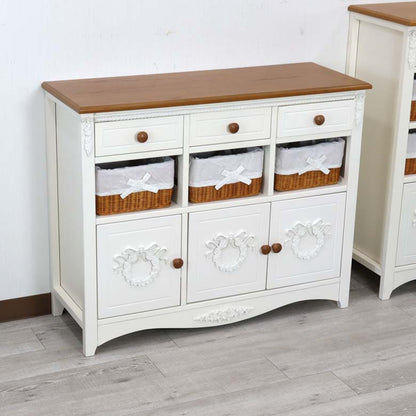 バスケットキャビネット ホワイト ラタンキャビネット カゴ付き フレンチシャビー