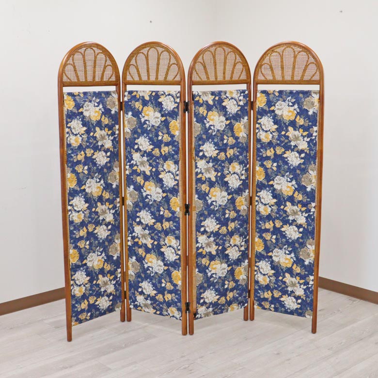 軽量ラタン 4連スクリーン ブルー 衝立 手作り 軽い カバー付き