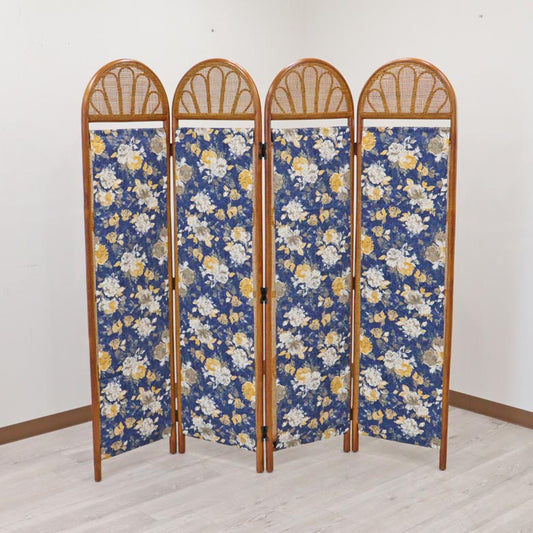 軽量ラタン 4連スクリーン ブルー 衝立 手作り 軽い カバー付き