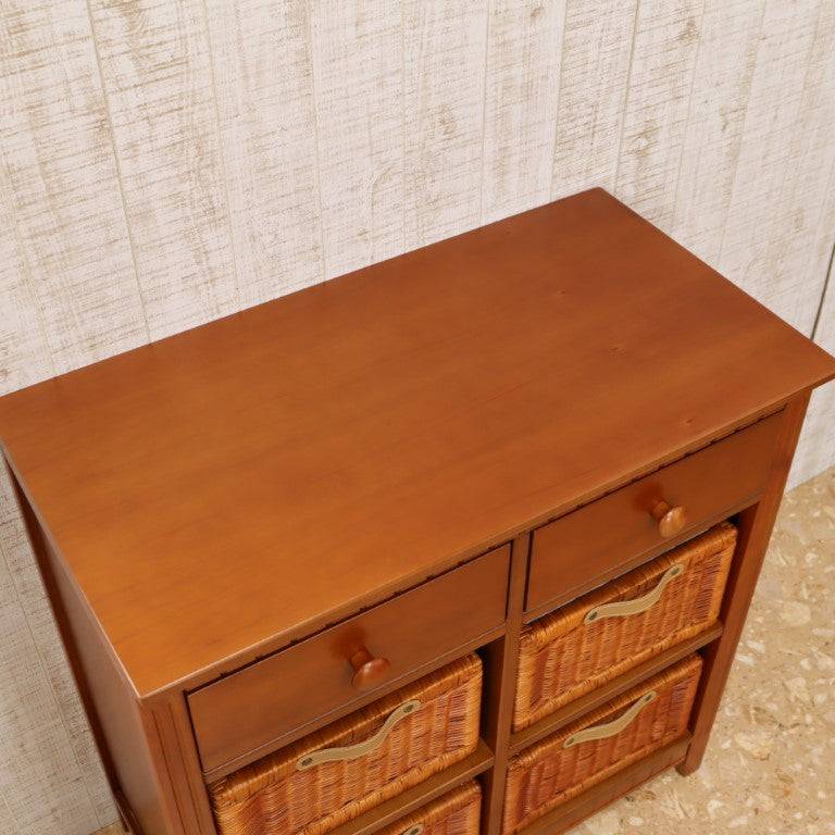 ラタンバスケット付きキャビネット 76cm マホガニー チェスト