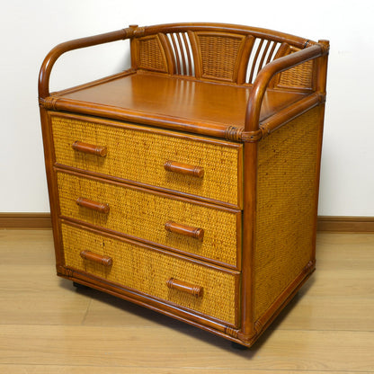 キャスター付きラタンチェスト 3段 飾り枠付き 完成品