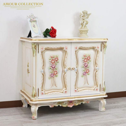 ロココ サイドボード 84cm リビングボード キャビネット 完成品 クラック仕上げ 白家具