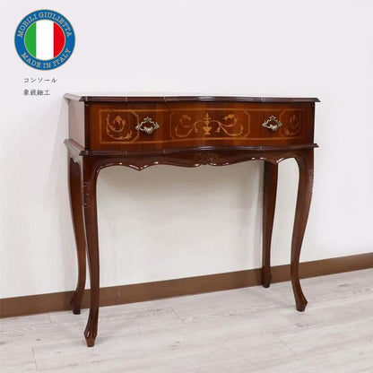 コンソールテーブル 木製 引出付き 完成品 茶 87cm 象嵌 猫脚 588