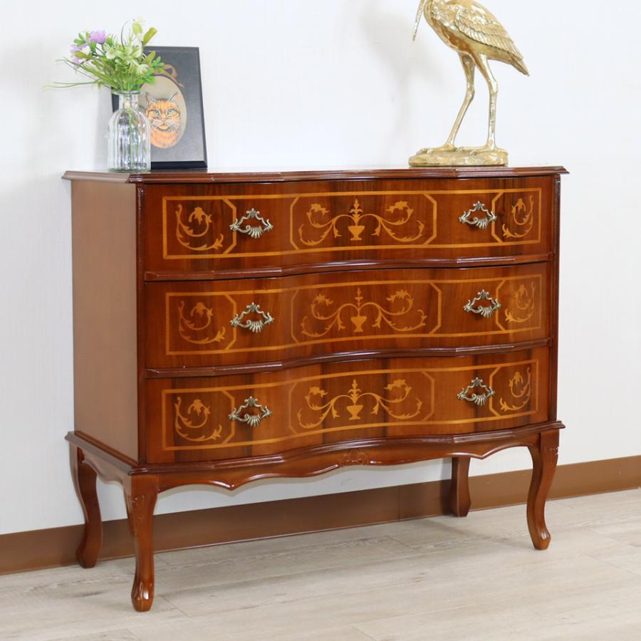 イタリア 3段 チェスト 茶 87cm 象嵌 猫脚 033