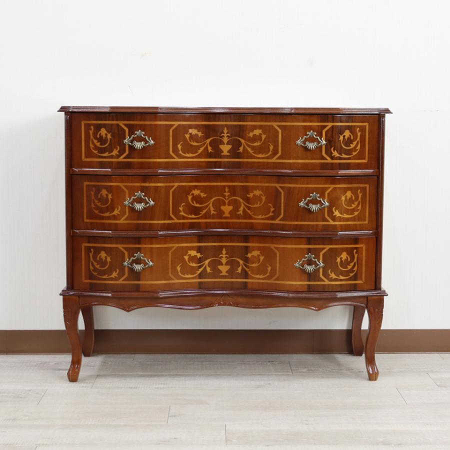 イタリア 3段 チェスト 茶 87cm 象嵌 猫脚 033