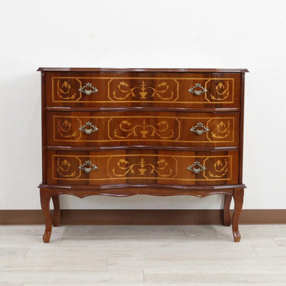 イタリア 3段 チェスト 茶 87cm 象嵌 猫脚 033