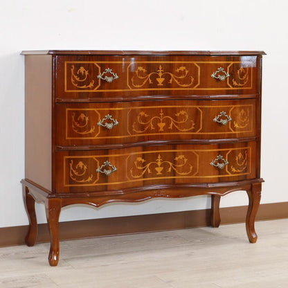 イタリア 3段 チェスト 茶 87cm 象嵌 猫脚 033