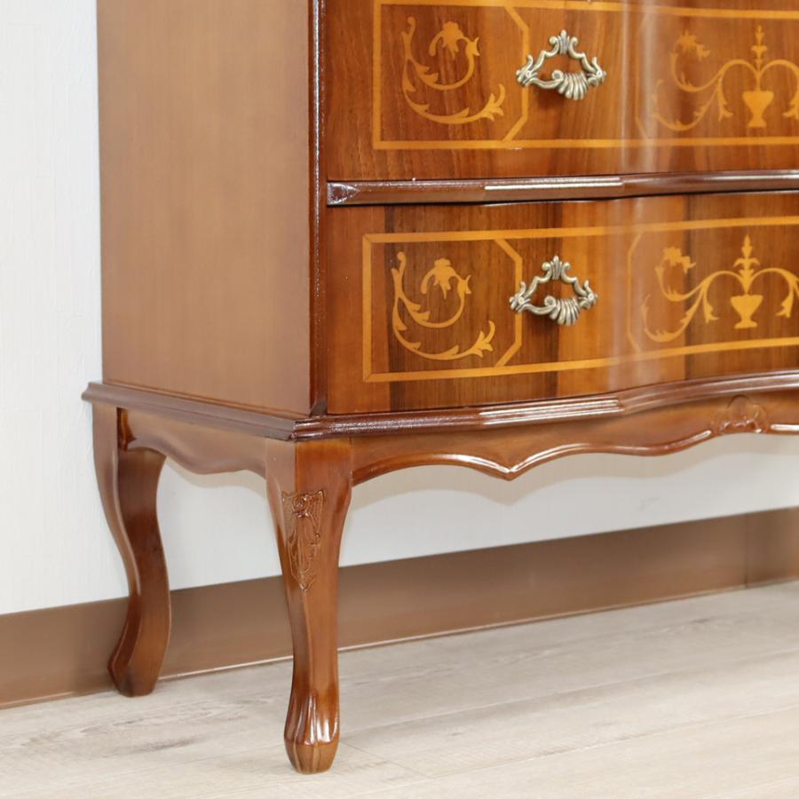 イタリア 3段 チェスト 茶 87cm 象嵌 猫脚 033