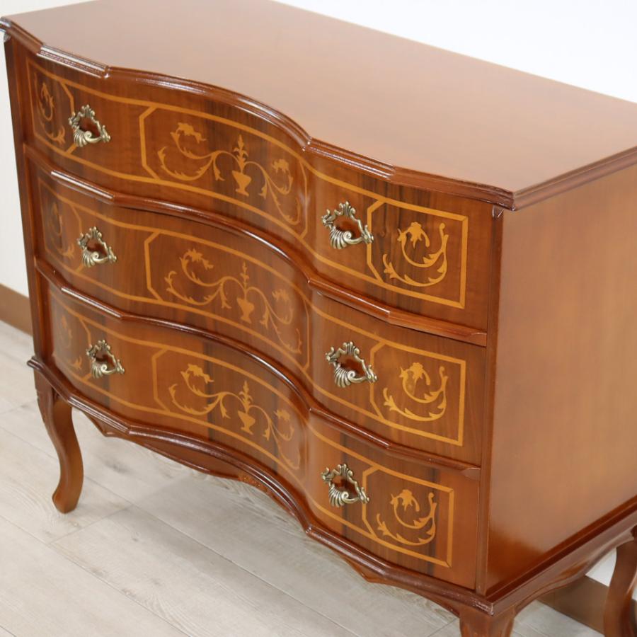 イタリア 3段 チェスト 茶 87cm 象嵌 猫脚 033