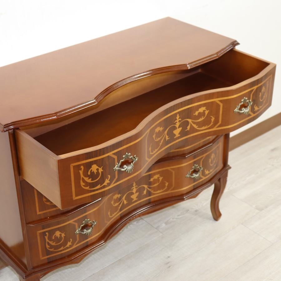 イタリア 3段 チェスト 茶 87cm 象嵌 猫脚 033