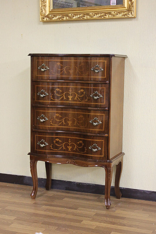 イタリア 4段 チェスト 茶 58m 象嵌 猫脚 044