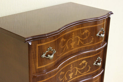 イタリア 4段 チェスト 茶 58m 象嵌 猫脚 044