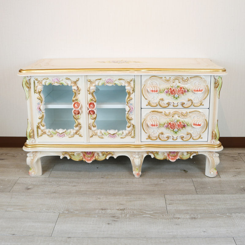 ロココ テレビボード 105cm ローキャビネット クラック仕上げ 白家具