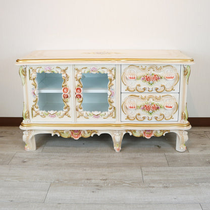 ロココ テレビボード 105cm ローキャビネット クラック仕上げ 白家具