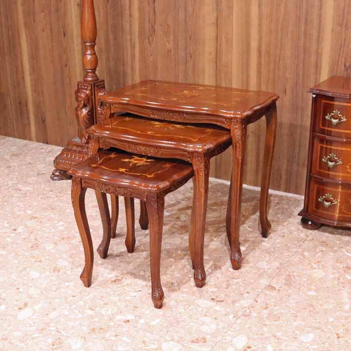 イタリア ネストテーブル 3個セット 花台 猫脚 象嵌 ローテーブル 650