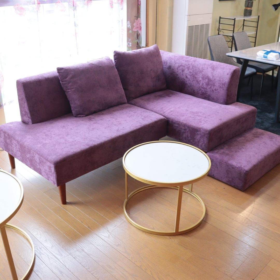 カウチソファ コーナーソファ L型 ベルベット ゆったり 大型 ごろ寝