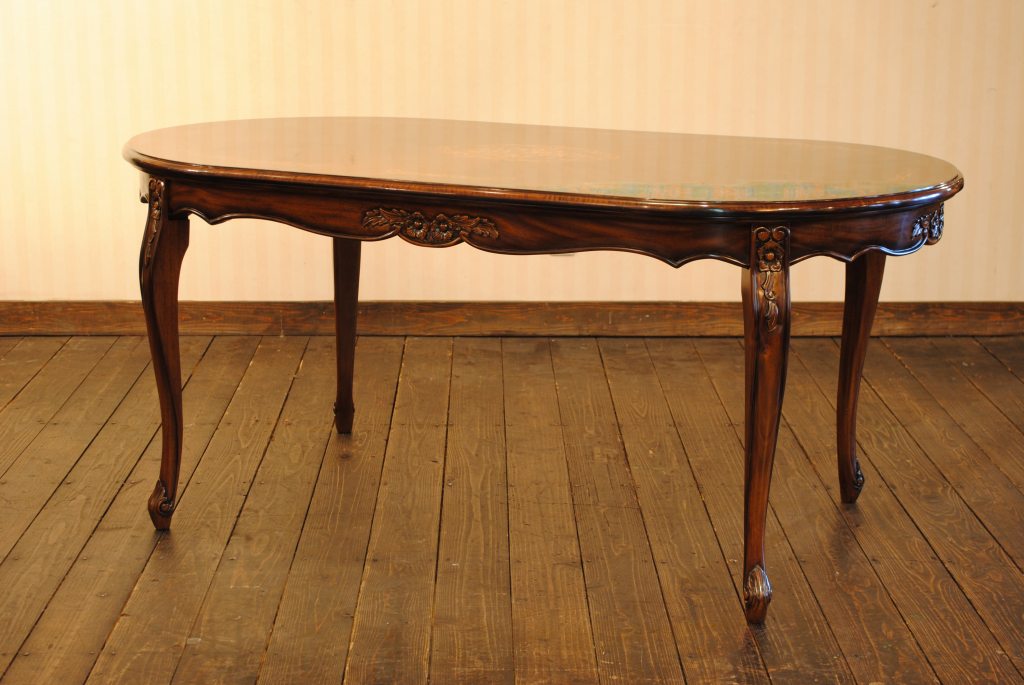 ダイニングテーブル 165cm 楕円形 象嵌 花柄 マホガニー 4人用