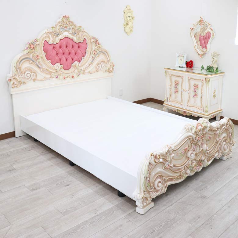 ロココ  ワイドダブルベッド マットレス別 ベッドフレーム  クラック仕上げ 白家具