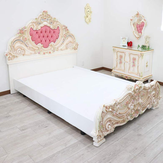 ロココ  ワイドダブルベッド マットレス別 ベッドフレーム  クラック仕上げ 白家具